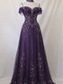 Elegant Purple Beadings Sequins Formal Prom Dress, Spaghetti Straps Off Shoulder Floor-Length Evening Gown