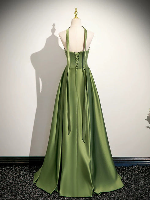 Green A-line Satin Simple Evening Dress, Green Long Prom Dress Formal Dress
