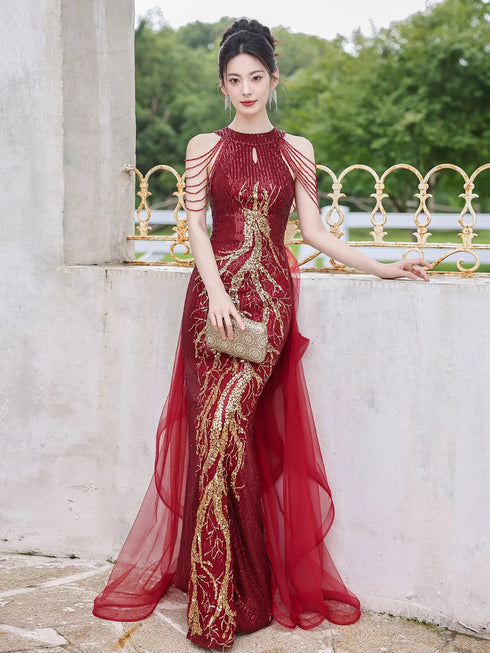 Wine Red Sequins Mermaid Long Party Dress with Lace, Wine Red Long Prom Dress