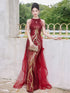 Wine Red Sequins Mermaid Long Party Dress with Lace, Wine Red Long Prom Dress