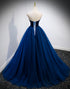 Blue Sweetheart Tulle and Velvet Long Party Dress, Blue Evening Dress Prom Dress