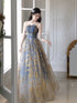 A-line Blue Gradient Tulle Scoop Long Party Dress, Blue Tulle Prom Dress