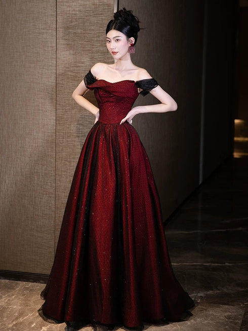 A-line Off Shoulder Black and Red Tulle Floor Length Prom Dress, Black and Red Tulle Party Dress
