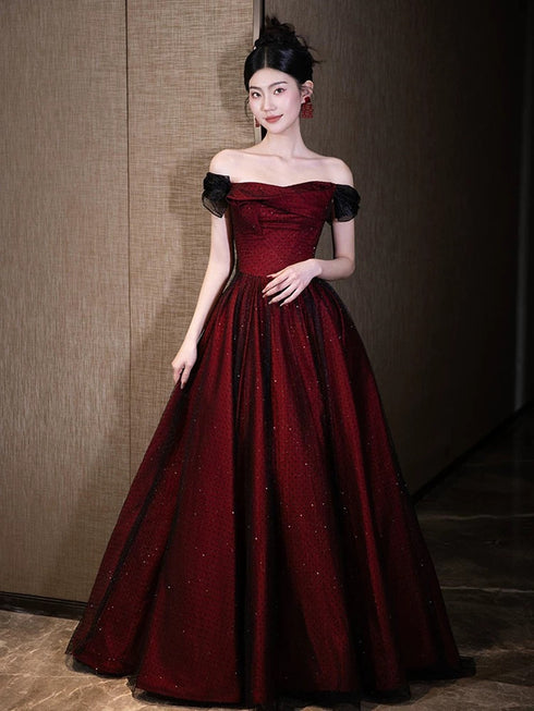 A-line Off Shoulder Black and Red Tulle Floor Length Prom Dress, Black and Red Tulle Party Dress