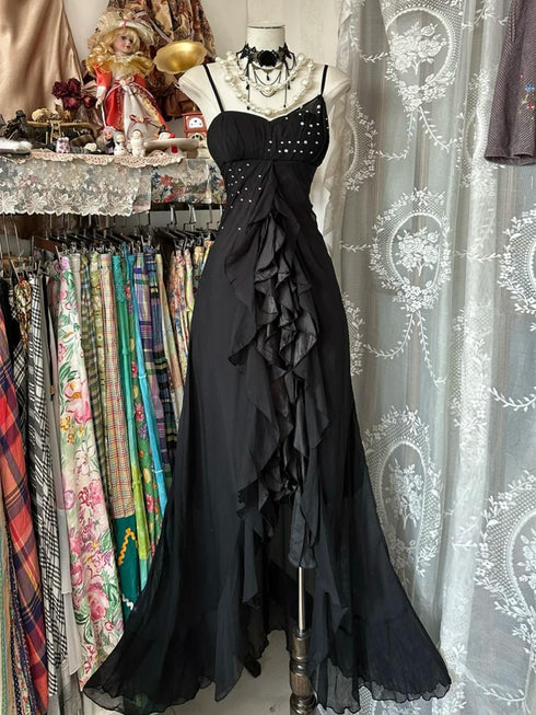 Black Chiffon Beaded Straps Long Party Dress, Black Chiffon A-line Prom Dress