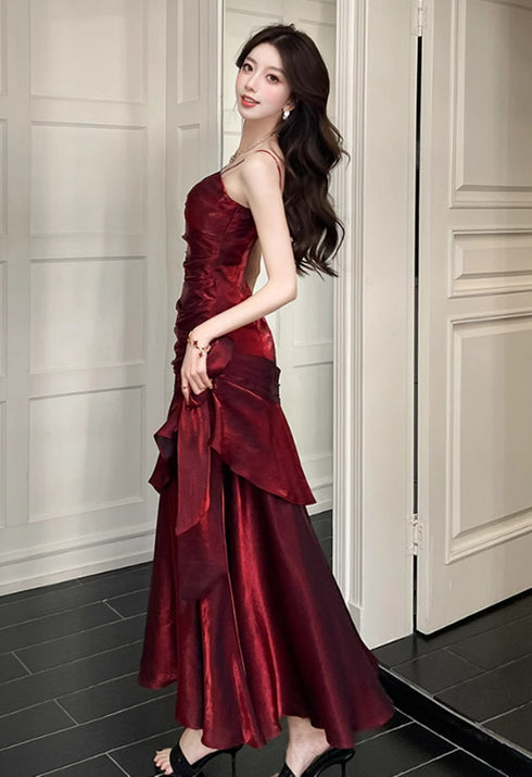 Wine Red Mermaid Straps Satin Sweetheart Party Dress, Wine Red Long Evening Dress
