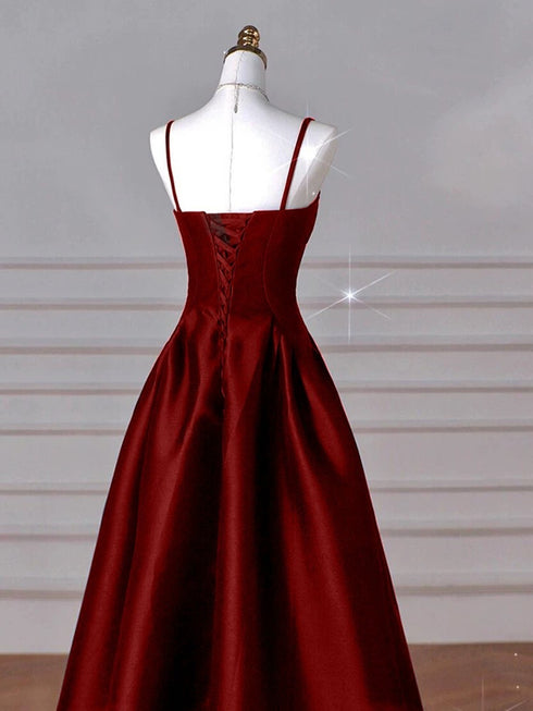 Wine Red Straps A-line Floor Length Simple Party Dress, Wine Red Satin Prom Dress