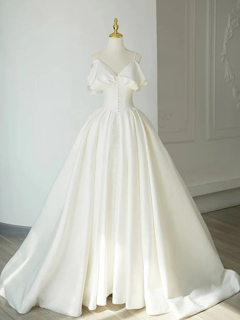 Ivory Satin V-neckline Long Party Dress, Ivory Satin Long Evening Dress Wedding Dress