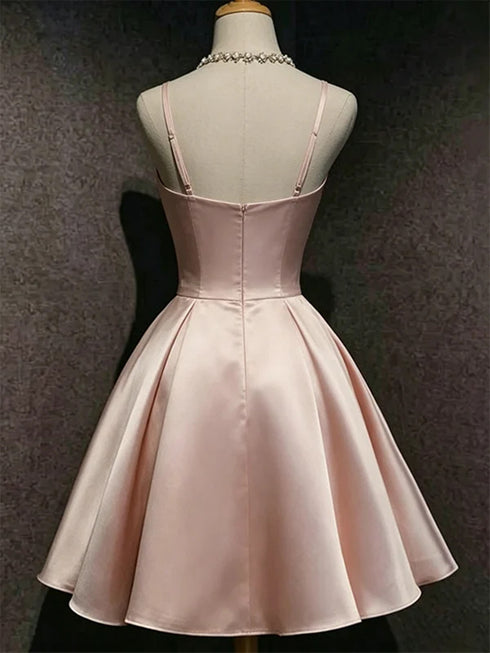 Pink Satin Spaghetti Strap Homecoming Dress, A-Line Short Evening Party Dress with Bow