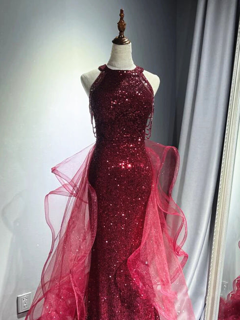 Wine Red Sequins and Tulle Halter Party Dress, Wine Red Chic Prom Dress Evening Dress