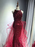 Wine Red Sequins and Tulle Halter Party Dress, Wine Red Chic Prom Dress Evening Dress