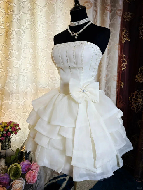 Ivory Beaded Strapless Layers Short Party Dress, Ivory Graduation Dress with Bow