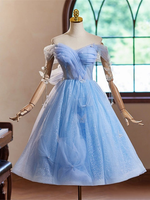 Blue Beaded A-line Tulle Knee Length Party Dress, Blue Tulle Homecoming Dress