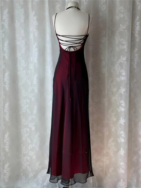 Charming Black and Red Gothic Strps Backless Prom Dress, Black and Red Long Party Dress
