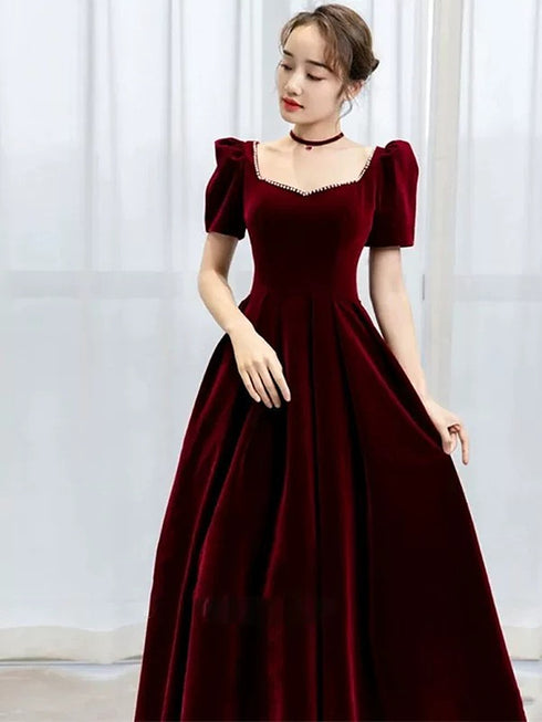 Wine Red Velvet Short Sleeves Beaded Party Dress, Wine Red Velvet Wedding Party Dress