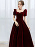 Wine Red Velvet Short Sleeves Beaded Party Dress, Wine Red Velvet Wedding Party Dress