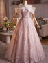 Light Pink A-line Tulle and Lace Off Shoulder Party Dress, Pink Tulle Evening Dress