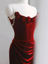 Wine Red Velvet Mermaid Straps Long Formal Dress, Wine Red Floor Off Shoulder Prom Dress
