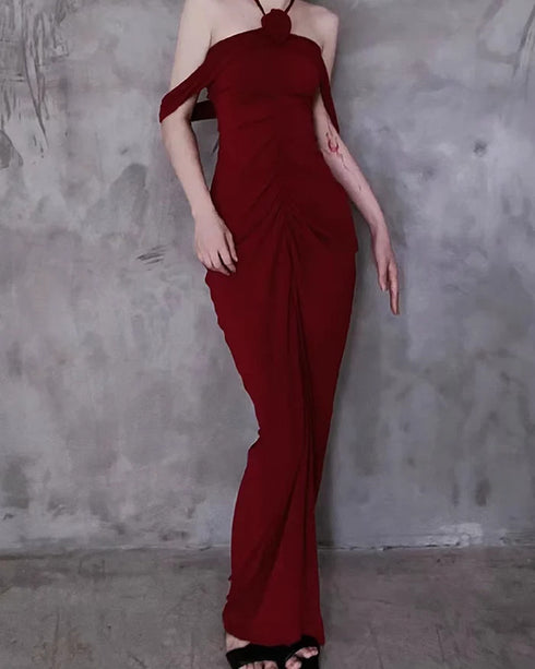 Wine Red Halter Off Shoulder Party Dress, Wine Red Floor Length Long Prom Dress