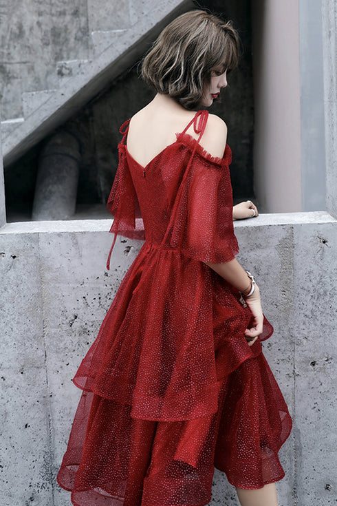 Wine Red Tulle Straps V-neckline Short Party Dress, Wine Red Tulle Homecoming Dress