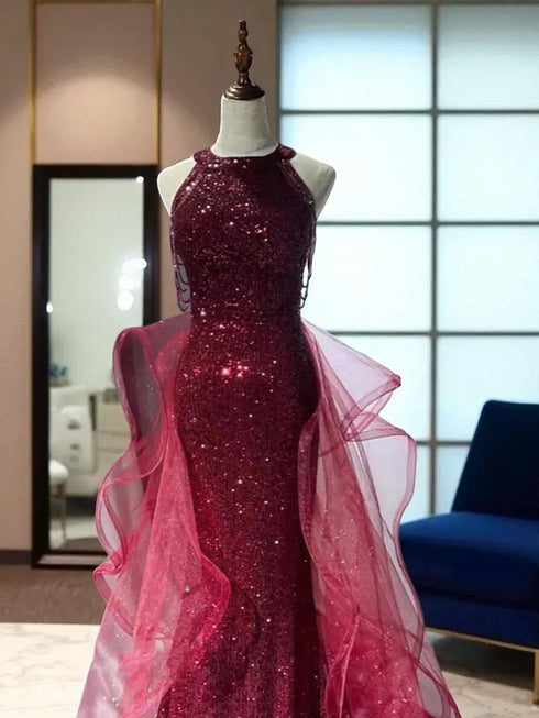 Lovely Wine Red Tulle and Sequins Halter Long Party Dress, Wine Red Prom Dress