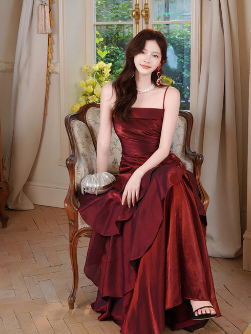 Wine Red Satin Mermaid Long Evening Dress, Wine Red Strps Formal Dress Prom Dress