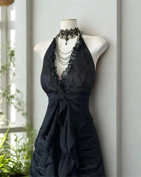 Black Lace Halter V-neckline Floor Length Party Dress, Black Lace A-line Prom Dress