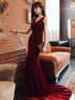 Wine Red Velvet Mermaid V-neckline Party Dress, Wine Red Bridesmaid Dress