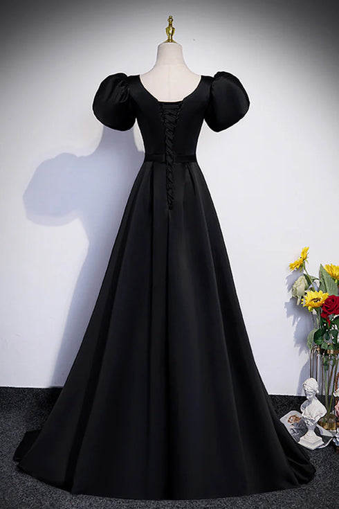 Black A-line Satin Off Shoulder Party Dress, A-line Simple Black Prom Dress