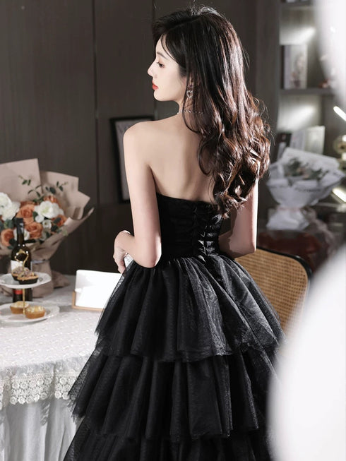 Black Tulle Layers Long Party Dress, A-line Black Tulle Prom Dress