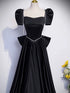 A-line Black Satin Short Sleeves Party Dress, Black Satin Floor Length Prom Dress