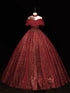 Wine Red High Neckline Ball Gown Tulle Sweet 16 Dress, Shiny Tulle With Lace Prom Dress