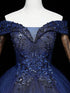 Navy Blue Ball Gown Tulle Off Shoulder Party Dress, Navy Blue Lace Applique Prom Dress