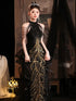 Charming Black Sequins Halter Evening Dress With Lace Applique, Black Long Prom Dress