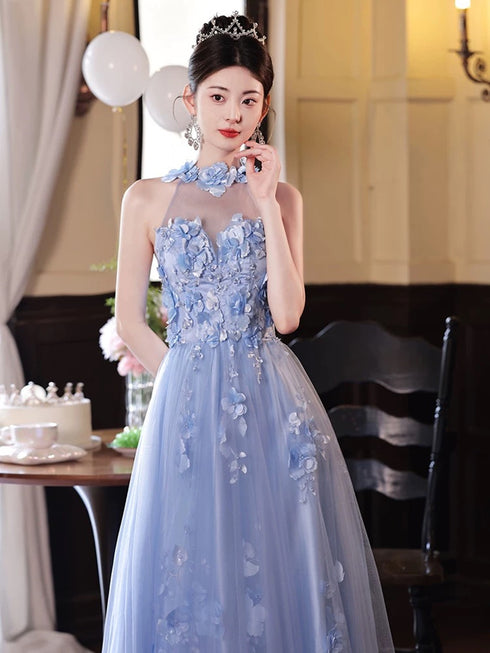 Light Blue Flowers Tulle Party Dress, Halter Blue Tulle Prom Dress Party Dress