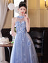 Light Blue Flowers Tulle Party Dress, Halter Blue Tulle Prom Dress Party Dress