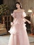 Pink Off Shoulder Tulle Shiny Long Prom Dress, A-line Pink Party Dress Formal Dress