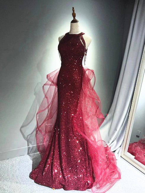 Wine Red Sequins and Tulle Halter Party Dress, Wine Red Chic Prom Dress Evening Dress