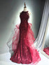 Wine Red Sequins and Tulle Halter Party Dress, Wine Red Chic Prom Dress Evening Dress