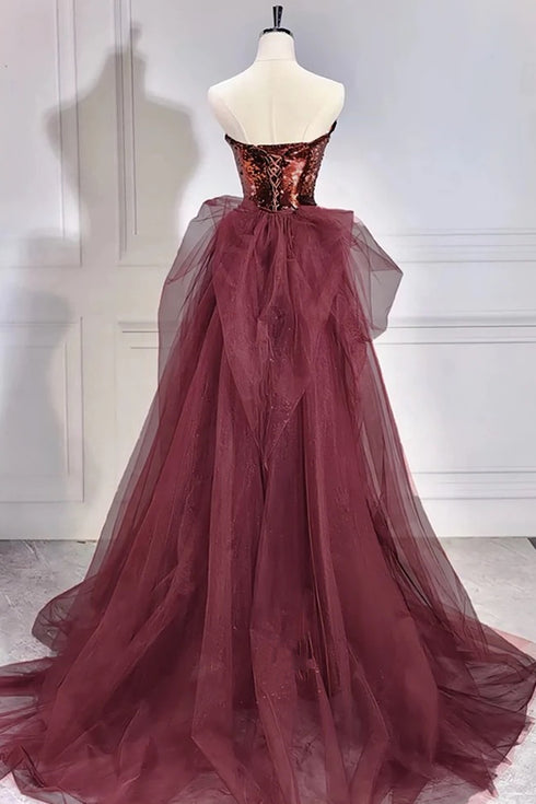 Wine Red Sequins and Tulle Mermaid Long Party Dress, Wine Red Chic Prom Dress