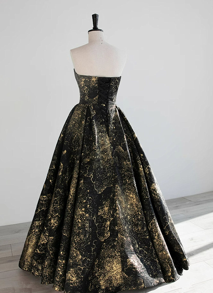 A-line Black and Gold Foral Satin Party Dress, Black Satin Prom Dress