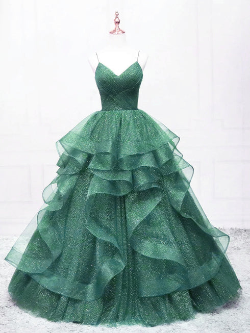 A-line Green Straps Chic V-neckline Party Dress, Green Tulle Prom Dress Evening Dress