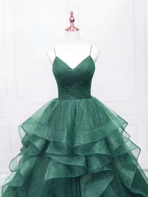 A-line Green Straps Chic V-neckline Party Dress, Green Tulle Prom Dress Evening Dress