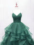 A-line Green Straps Chic V-neckline Party Dress, Green Tulle Prom Dress Evening Dress