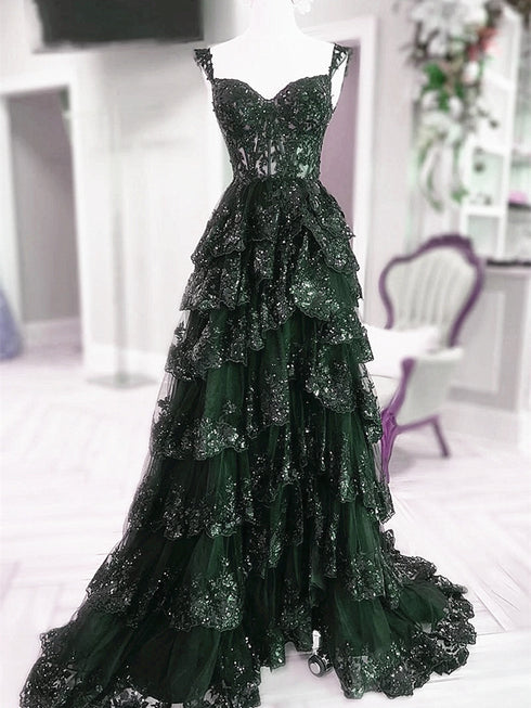 Lovely Green Tulle With Lace Straps Layers Party Dress, Green Tulle Prom Dress