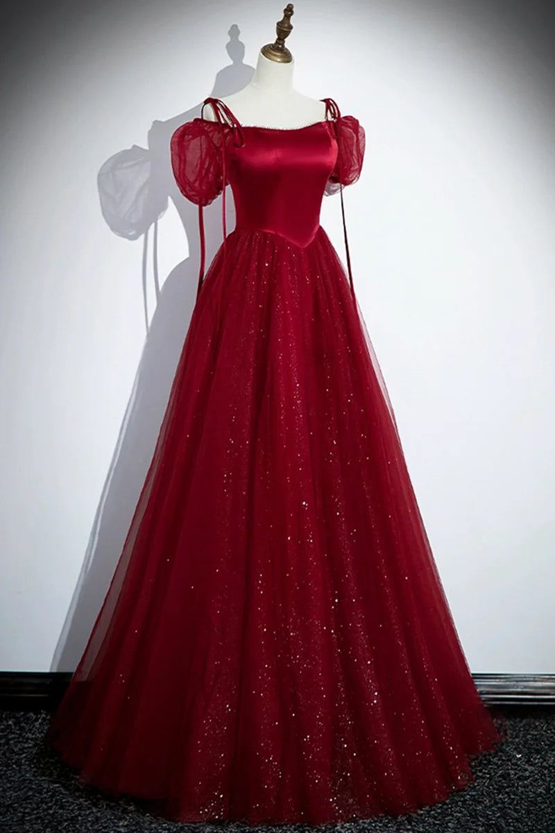 A-line Wine Red Velvet and Tulle Long Party Dress, Wine Red Evening Dress Prom Dress