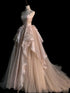 Pink and Champagne Strapless A-line Tulle Party Dress, Satin and Tulle Formal Dress