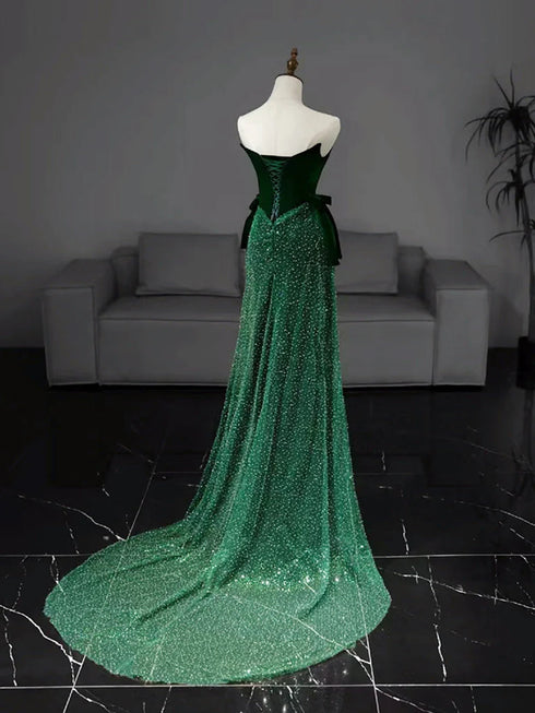 Green Strapless Velvet and Sequins Long Party Dress, Green Mermaid Long Prom Dress