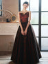 A-line V-neckline Floral Satin Black and Red Party Dress, Strapless Long Prom Dress