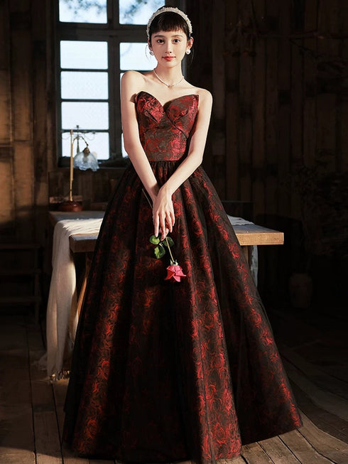 A-line V-neckline Floral Satin Black and Red Party Dress, Strapless Long Prom Dress